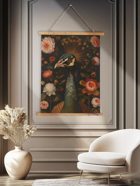 A wall tapestry featuring a detailed Victorian-style illustration of a peacock head with ornate feathers, surrounded by coral and white roses against a dark background, mounted on wooden dowels.